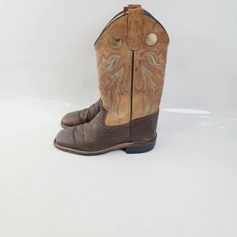 Old‎ West Kid's Brown Foot Tan Fry Top Square Toe Cowboy Western Boots Size 3.5
